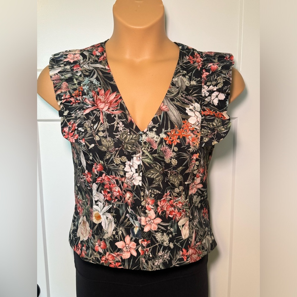 Antonio Melani Top Blouse Women’s Size 12 Multicolor Floral Print Ruffle Sleeve